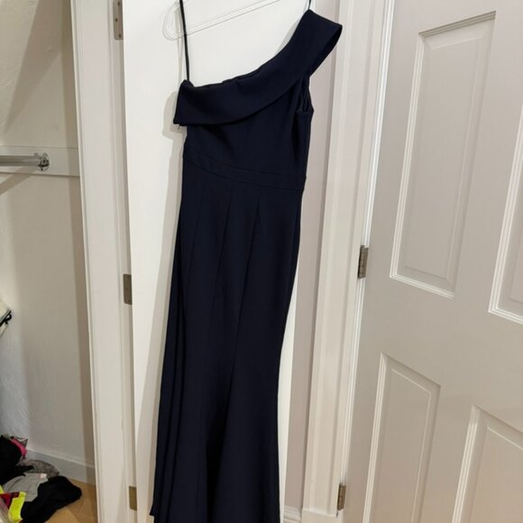 Aqua One-Shoulder Scuba Crêpe Navy Gown - Picture 4 of 7